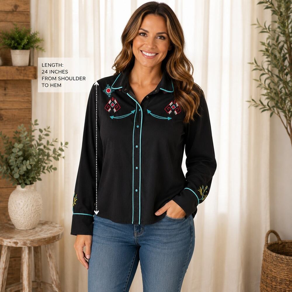 Scully Western Shirt XXL Black Viscose Turquoise Trim Embroidered Cactus Print